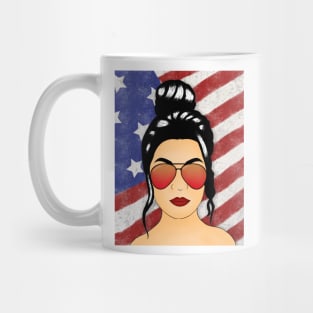 Messy Bun with American Flag in Background Mug